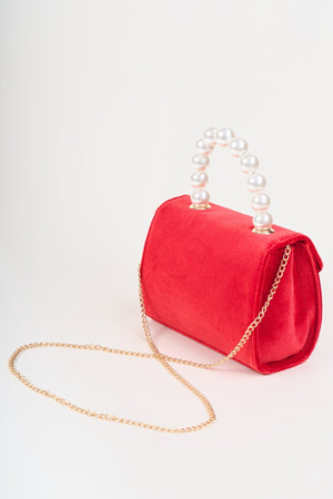 Carraig Donn Red Velvet Pearl Top Handle Clutch Bag