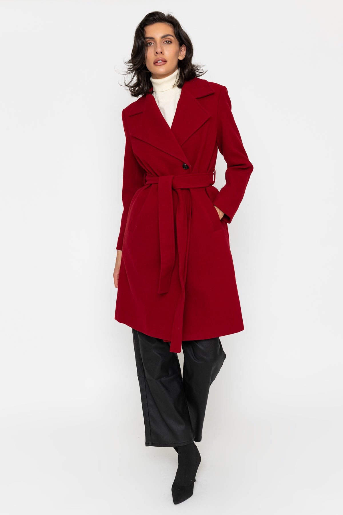 Red Longline Belted Wrap Coat