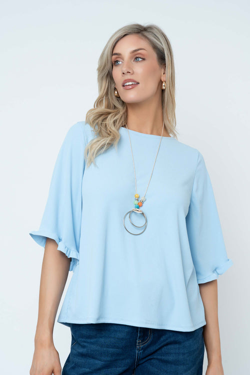 Rib 3/4 Sleeve Top With Necklace in Blue
