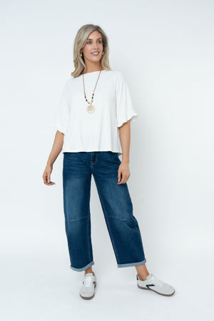 Carraig Donn Rib 3/4 Sleeve Top With Necklace in Ecru