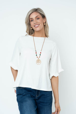 Carraig Donn Rib 3/4 Sleeve Top With Necklace in Ecru