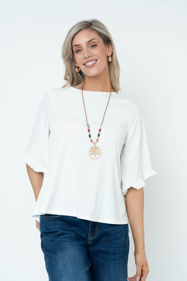 Carraig Donn Rib 3/4 Sleeve Top With Necklace in Ecru