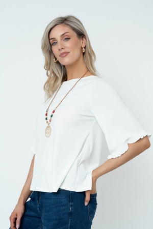 Carraig Donn Rib 3/4 Sleeve Top With Necklace in Ecru