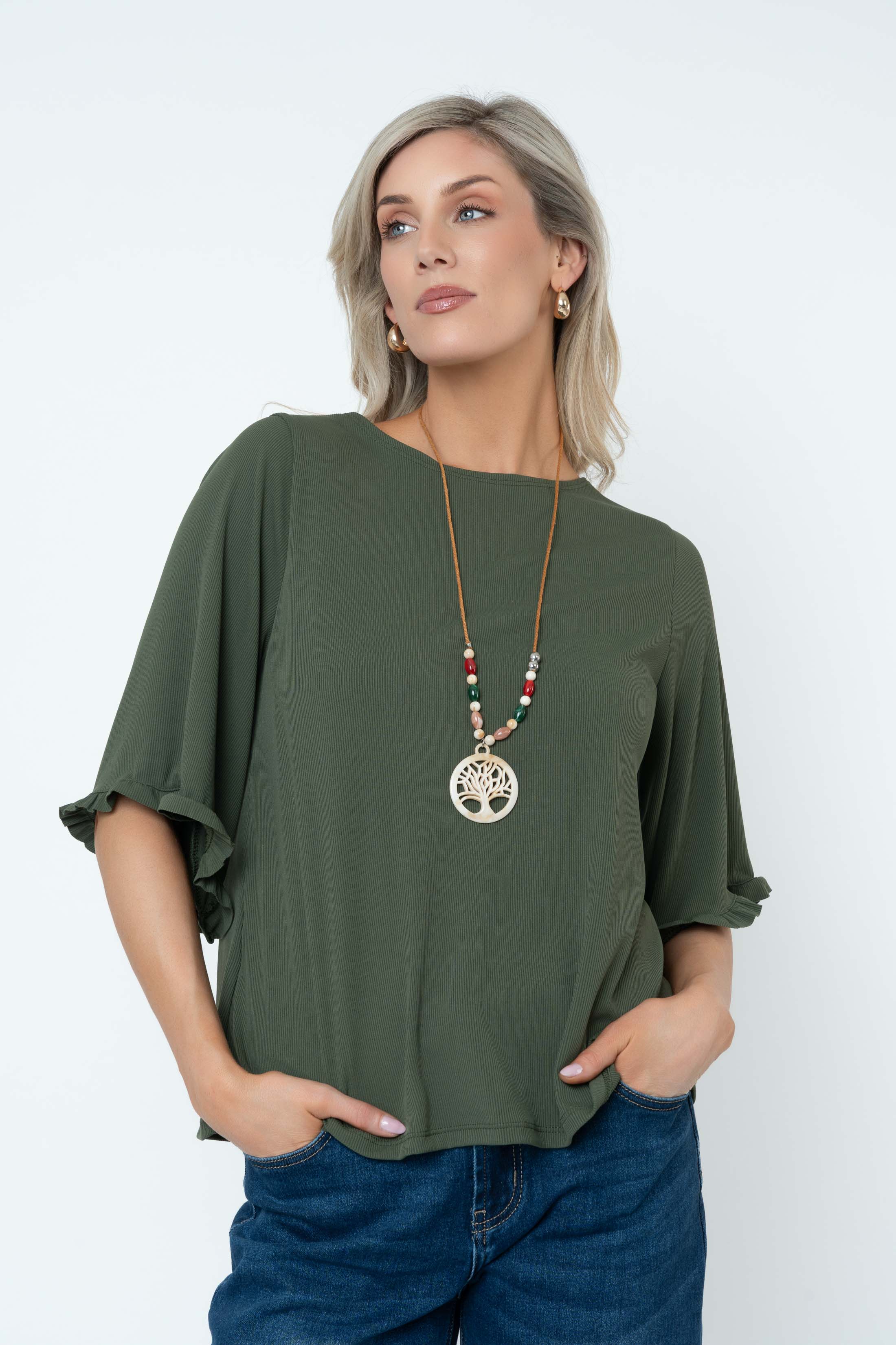 Rib 3/4 Sleeve Top With Necklace in Khaki