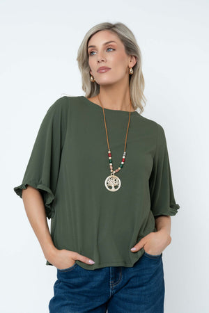 Carraig Donn Rib 3/4 Sleeve Top With Necklace in Khaki
