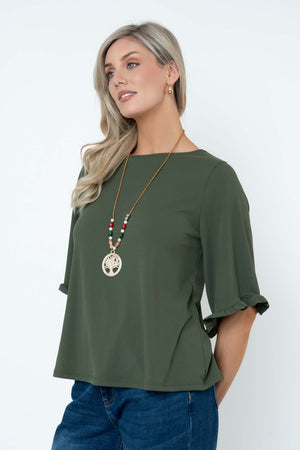 Carraig Donn Rib 3/4 Sleeve Top With Necklace in Khaki