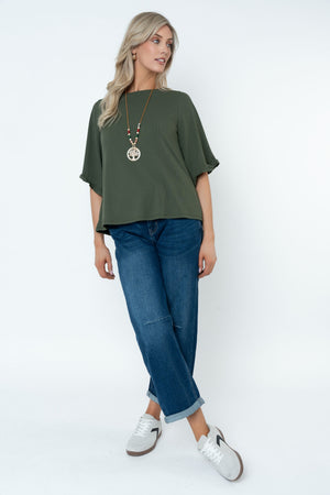 Carraig Donn Rib 3/4 Sleeve Top With Necklace in Khaki