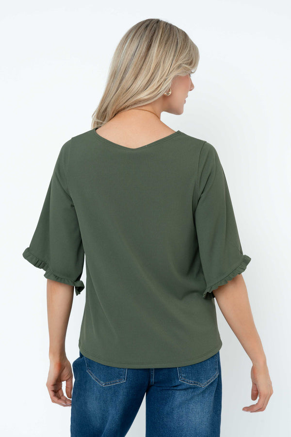 Carraig Donn Rib 3/4 Sleeve Top With Necklace in Khaki