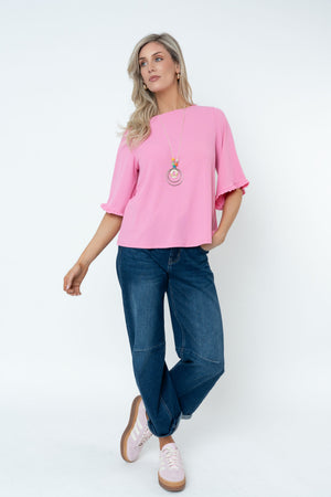 Carraig Donn Rib 3/4 Sleeve Top With Necklace in Pink