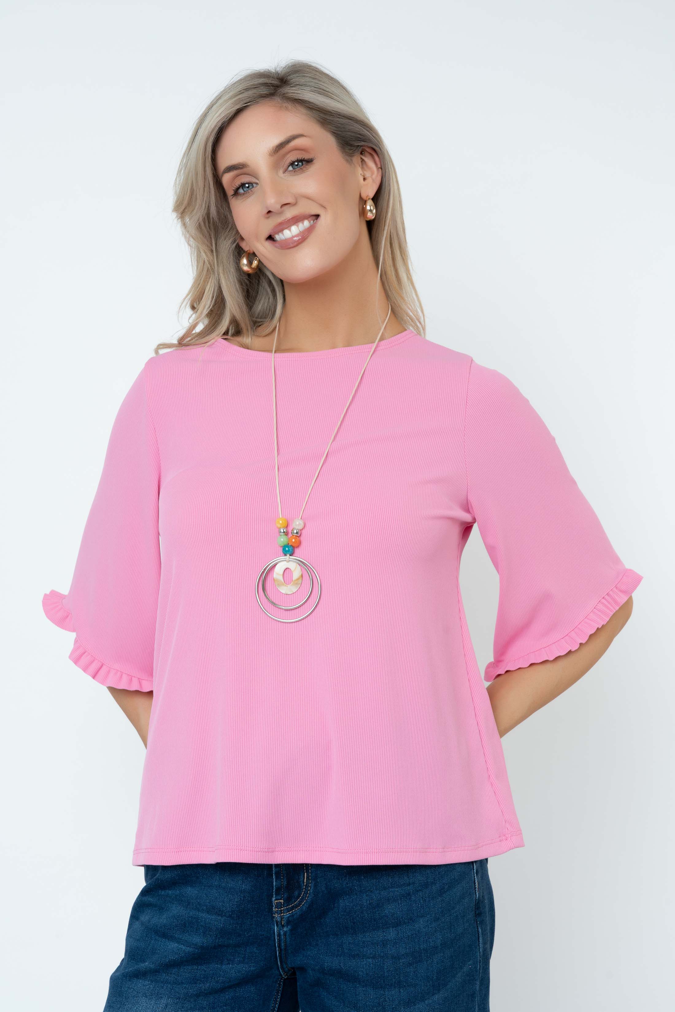 Rib 3/4 Sleeve Top With Necklace in Pink