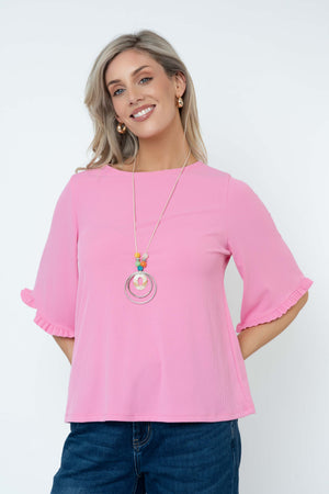 Carraig Donn Rib 3/4 Sleeve Top With Necklace in Pink