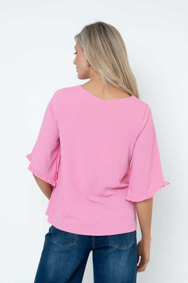 Carraig Donn Rib 3/4 Sleeve Top With Necklace in Pink