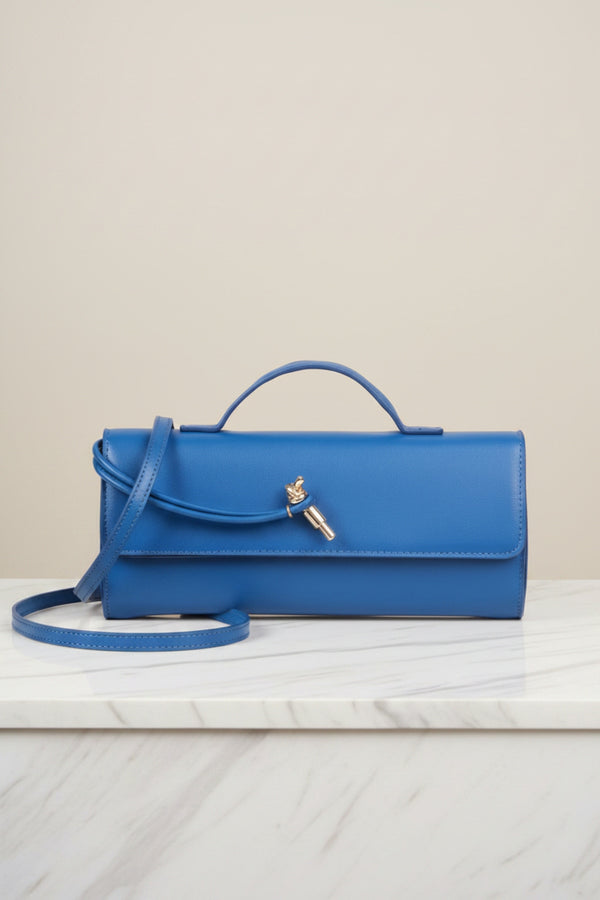 Blue Faux Leather Top Handle Long Rectangle Clutch Bag