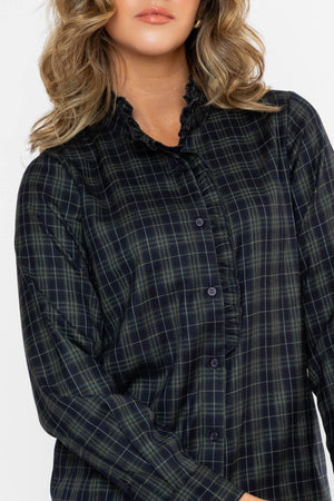 Carraig Donn Ruffle Neck Check Shirt Green