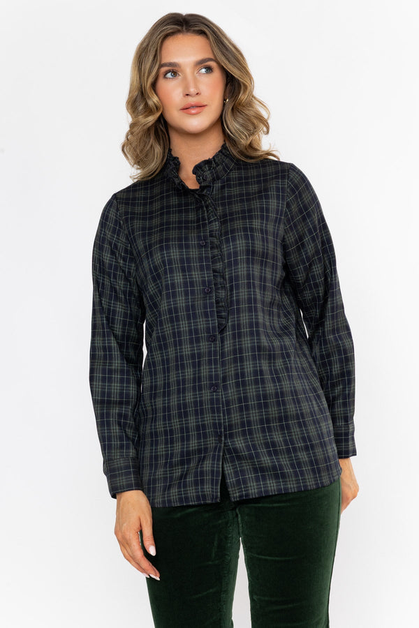 Carraig Donn Ruffle Neck Check Shirt Green
