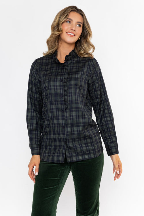 Dark Green Checked Ruffle Neck Long Sleeve Shirt