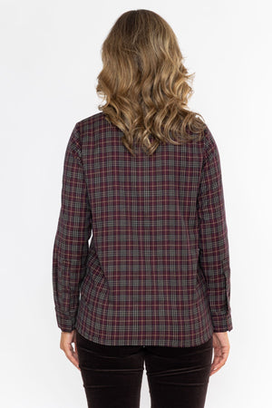Carraig Donn Ruffle Neck Check Shirt Plum