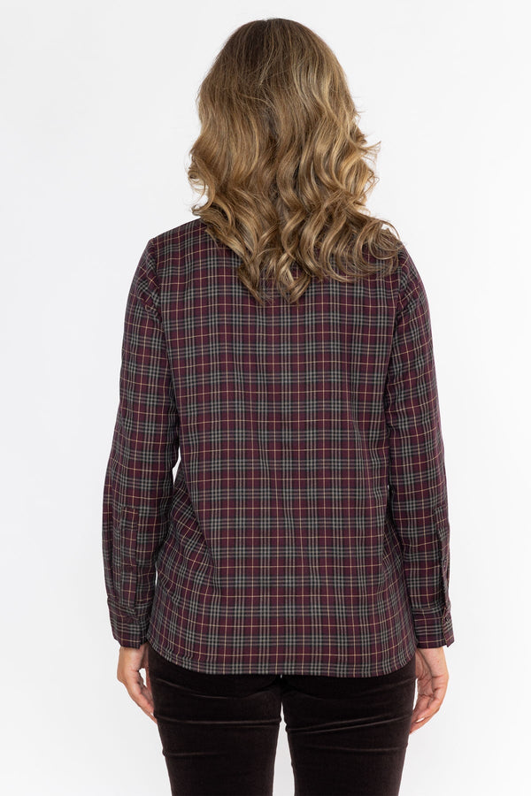 Carraig Donn Ruffle Neck Check Shirt Plum