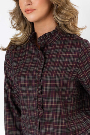 Carraig Donn Ruffle Neck Check Shirt Plum