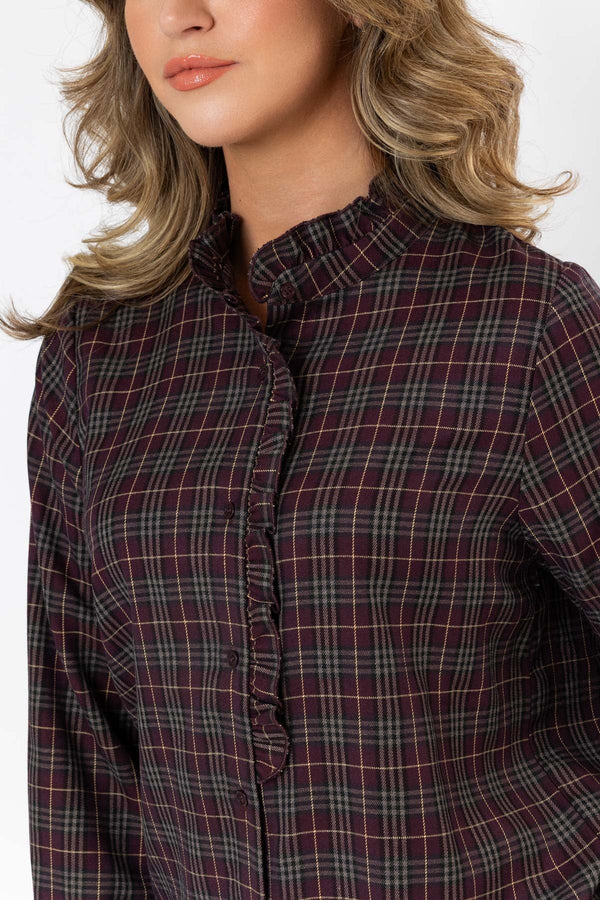 Carraig Donn Ruffle Neck Check Shirt Plum