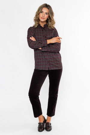 Carraig Donn Ruffle Neck Check Shirt Plum