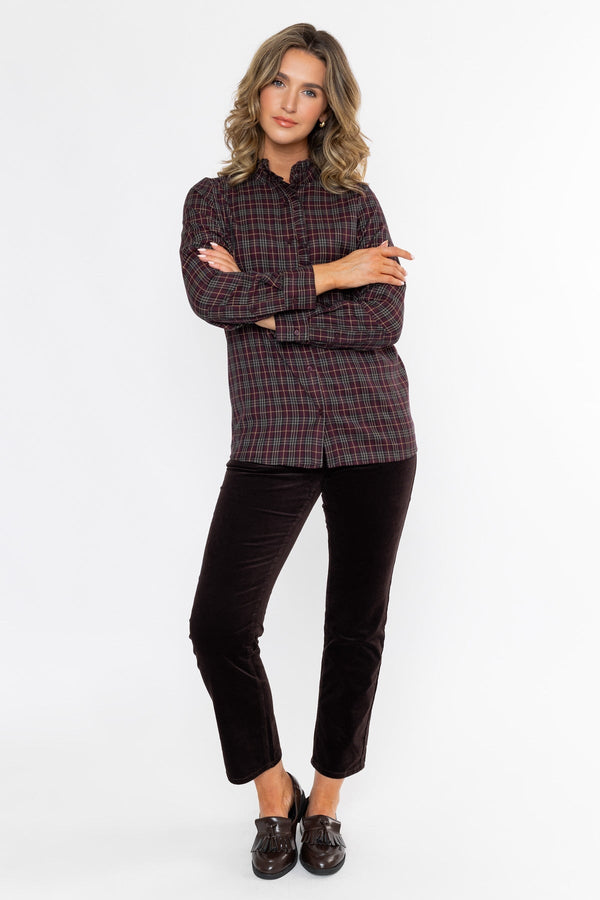 Carraig Donn Ruffle Neck Check Shirt Plum