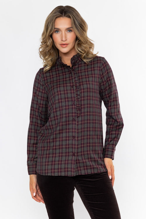 Burgundy Checked Ruffle Neck Long Sleeve Shirt