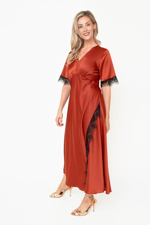 Carraig Donn Rust Lace Trim A-Line Short Sleeve Maxi Dress