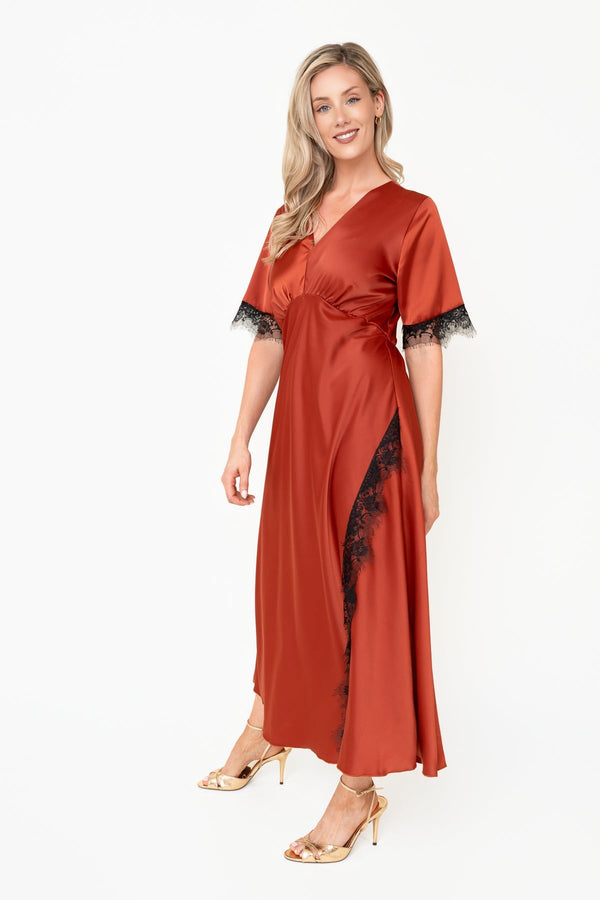 Carraig Donn Rust Lace Trim A-Line Short Sleeve Maxi Dress