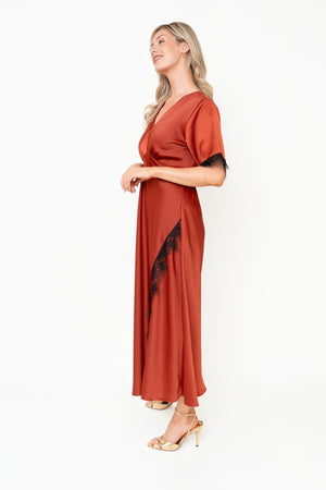 Carraig Donn Rust Lace Trim A-Line Short Sleeve Maxi Dress