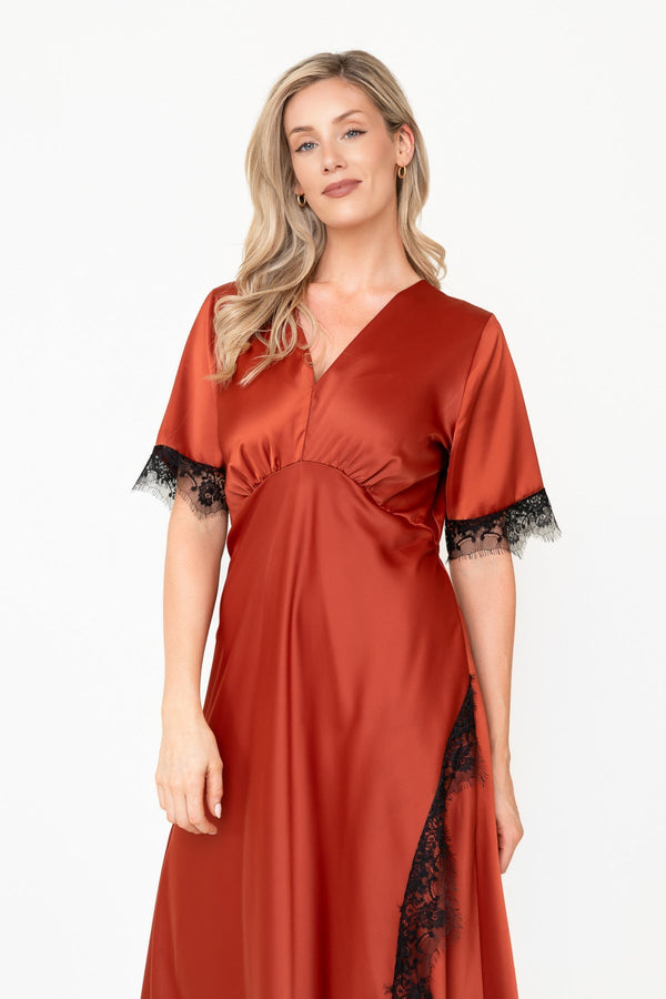 Carraig Donn Rust Lace Trim A-Line Short Sleeve Maxi Dress