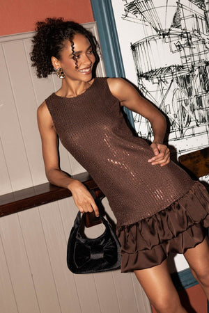Carraig Donn Sadhbh Brown Sequin Sleeveless Mini Dress