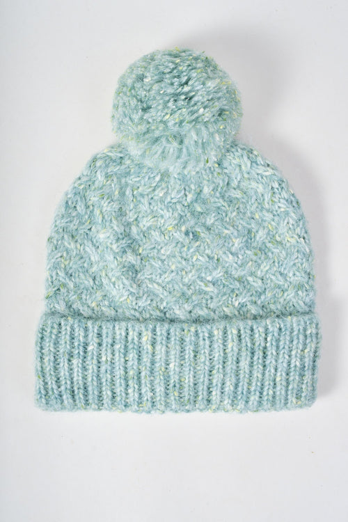 Sage Green Cable Knit Pom Pom Beanie Hat