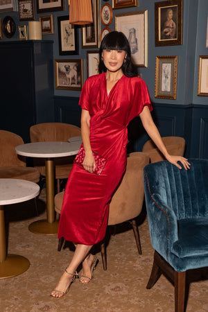 Carraig Donn Sandra Red Velvet A-Line Short Sleeve Midi Dress