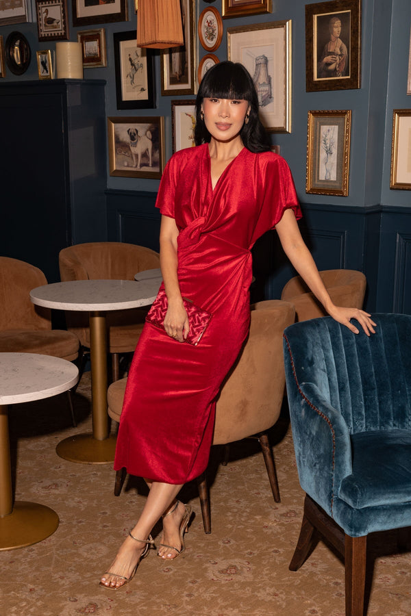 Carraig Donn Sandra Red Velvet A-Line Short Sleeve Midi Dress