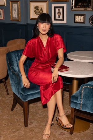 Carraig Donn Sandra Red Velvet A-Line Short Sleeve Midi Dress