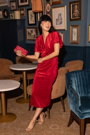 Carraig Donn Sandra Red Velvet A-Line Short Sleeve Midi Dress