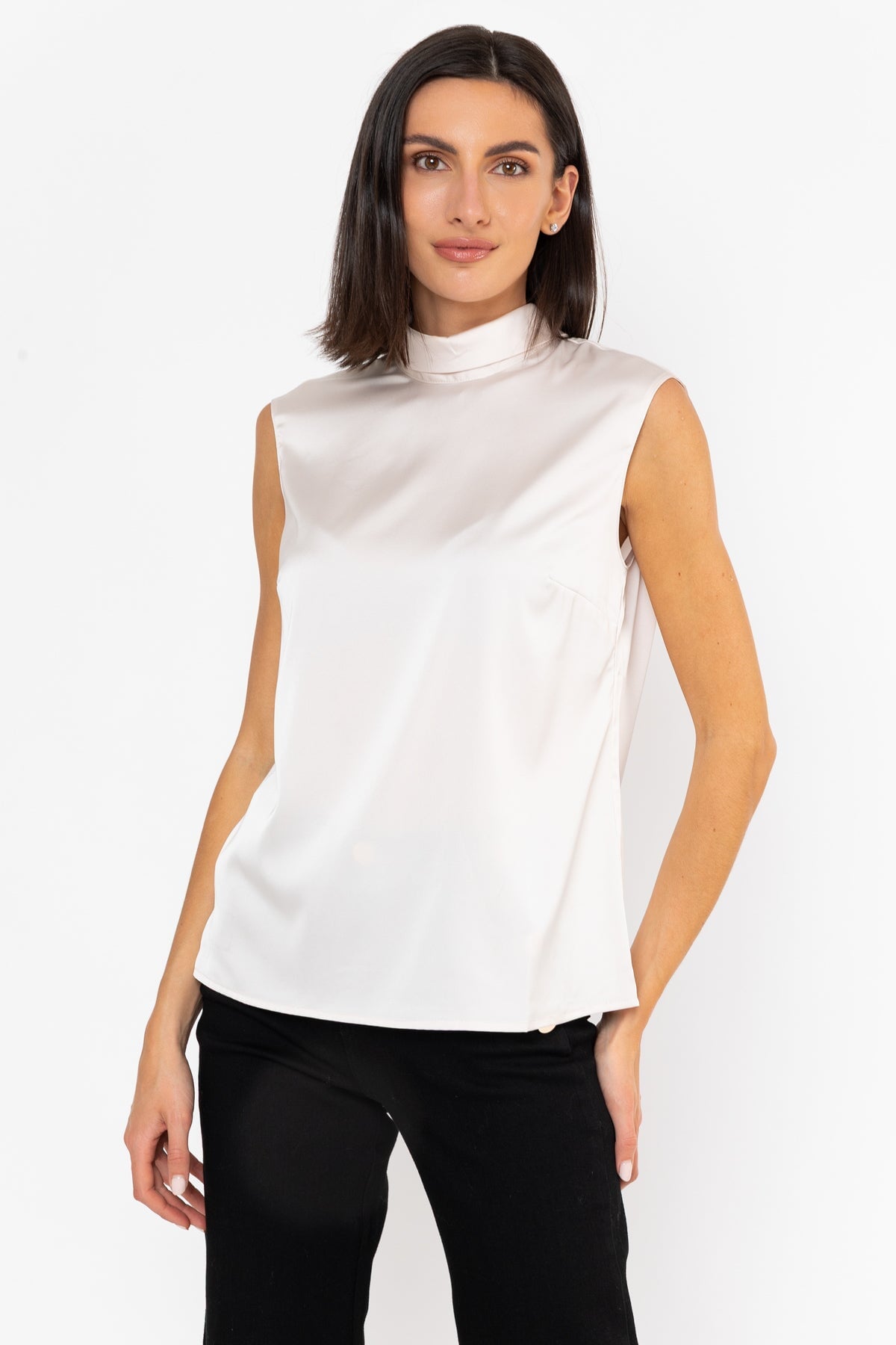 Cream Satin Cowl Neck Sleeveless Top
