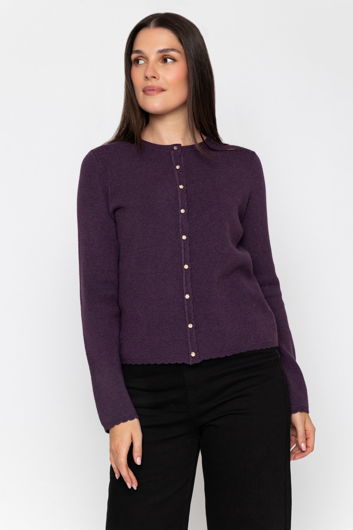 Plum Purple Knitted Regular Fit Scallop Detail Long Sleeve Cardigan