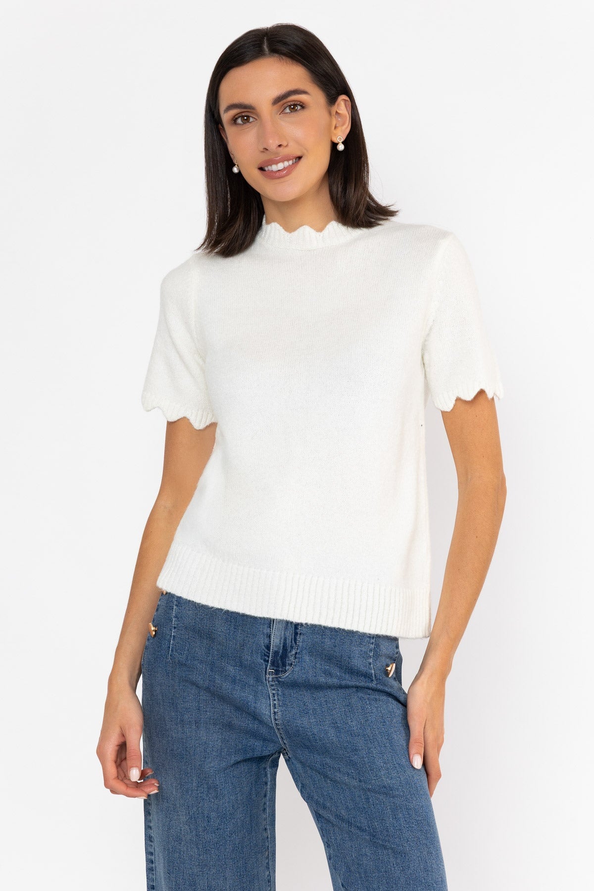 Cream Knit Scalloped Edge Short Sleeve Jumper