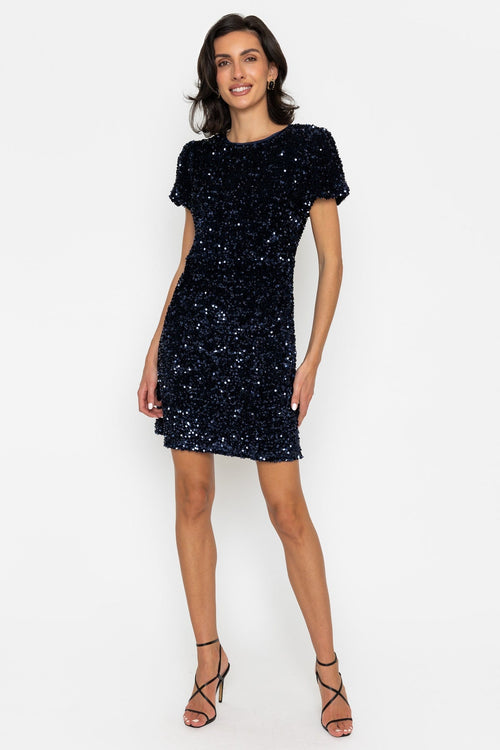 Navy Sequin Bow Back Short Sleeve Mini Dress