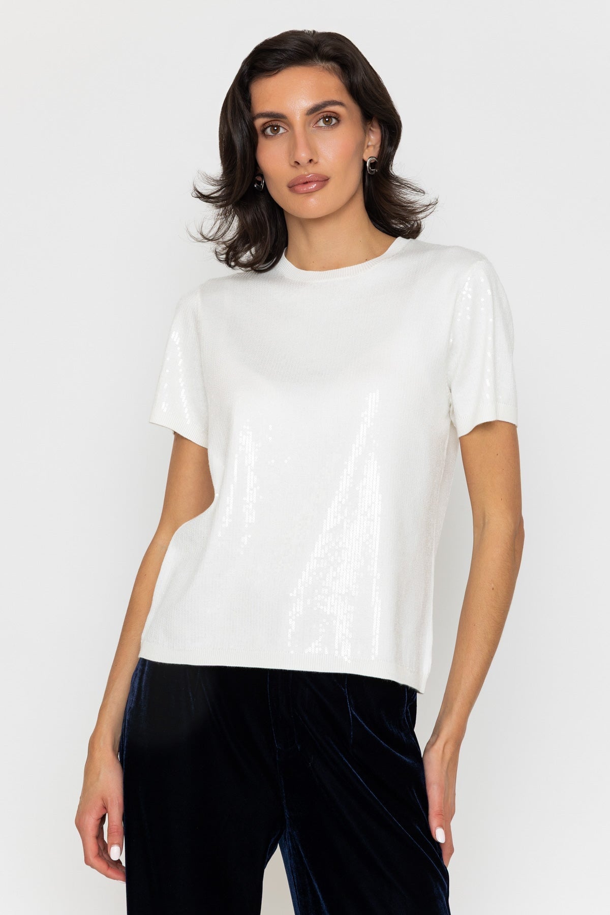 Cream Viscose Blend Fine Gauge Sequin Short Sleeve Knit Top