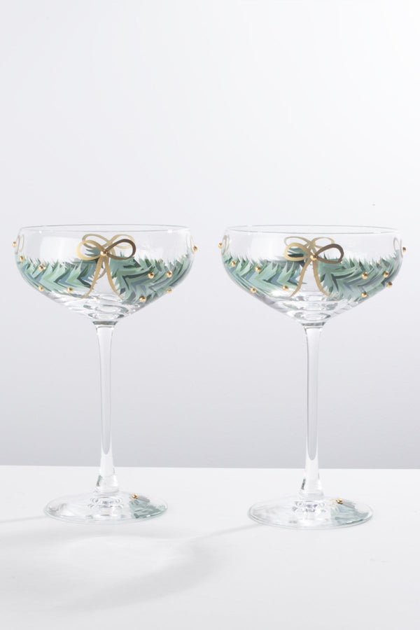 Carraig Donn Set Of 2 Gold Bow Christmas Champagne Saucer Glasses