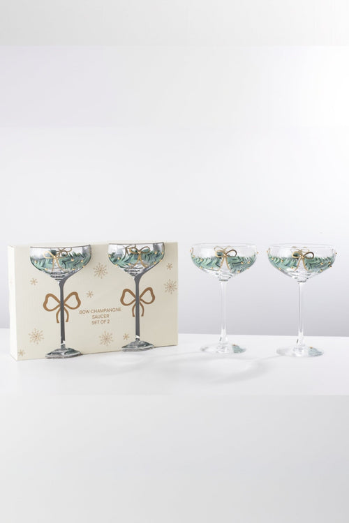 Set Of 2 Gold Bow Christmas Champagne Saucer Glasses