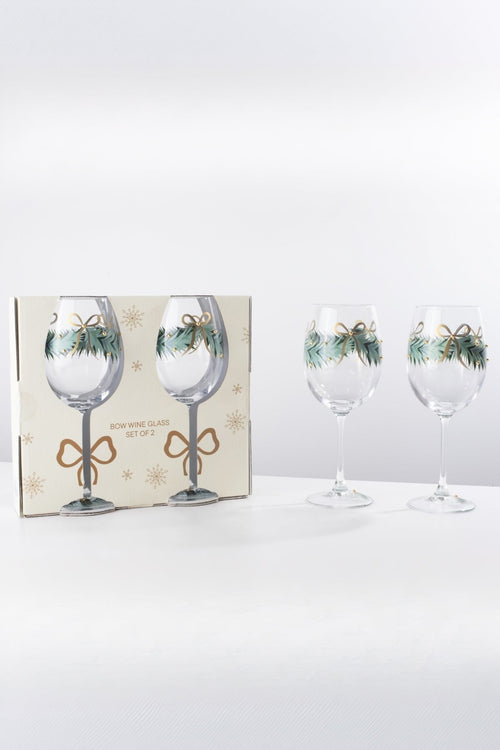 Set Of 2 Gold Bow Christmas Wine Glasses