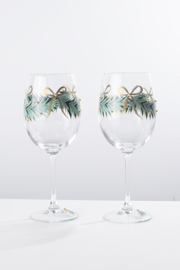 Carraig Donn Set Of 2 Gold Bow Christmas Wine Glasses