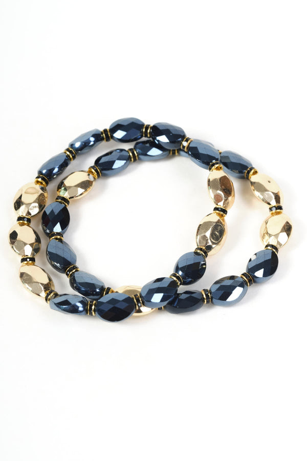 Carraig Donn Set of 2 Gold & Navy Oval Beaded Bracelets