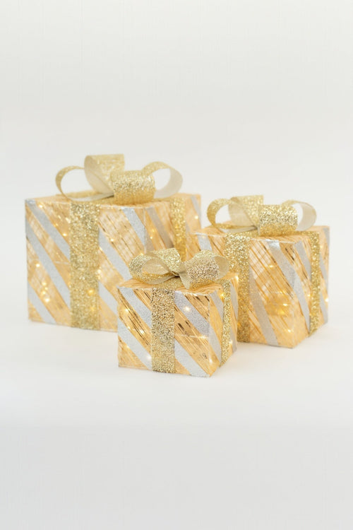 Set Of 3 Gold Bow LED Gift Boxes