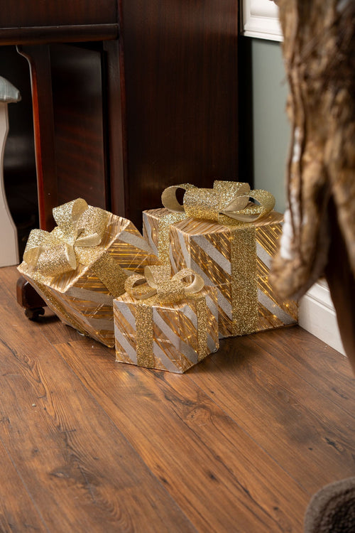 Set Of 3 Gold Bow LED Gift Boxes