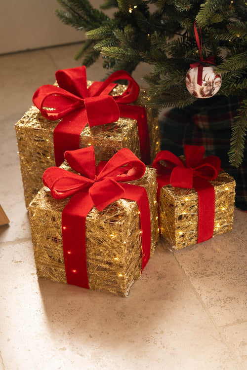 Set Of 3 Red Bow LED Gift Boxes